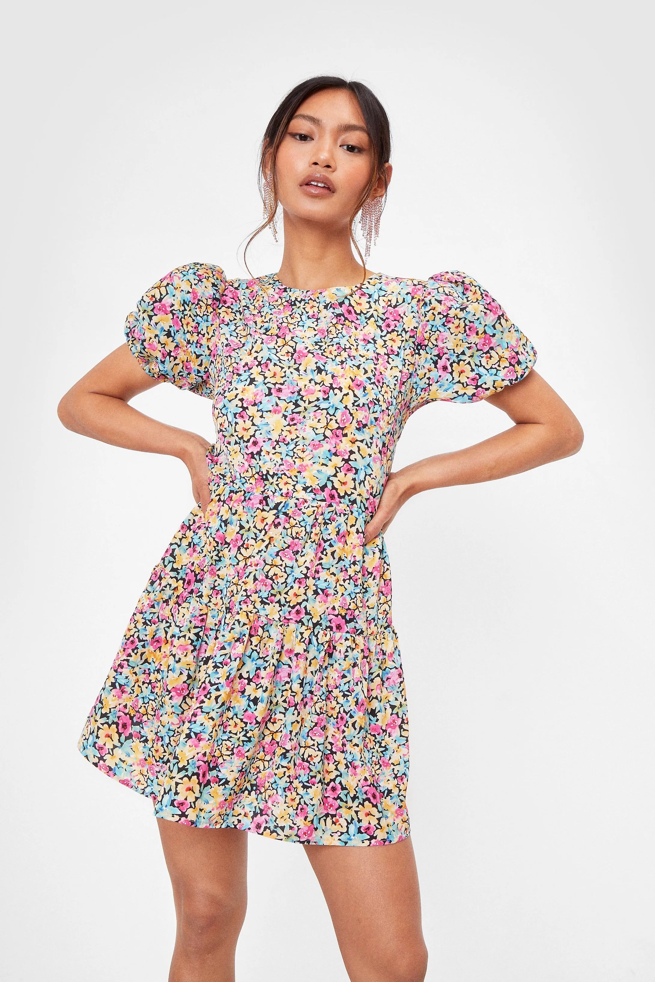 Petite Floral Puff Sleeve Skater Dress | Nasty Gal (US)