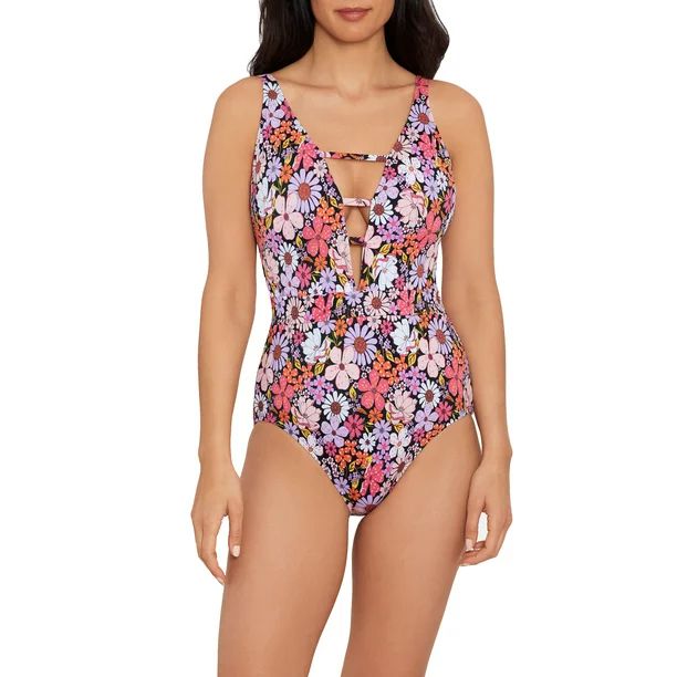Time and Tru Women’s Plus Size V Strappy Front One Piece Swimsuit | Walmart (US)