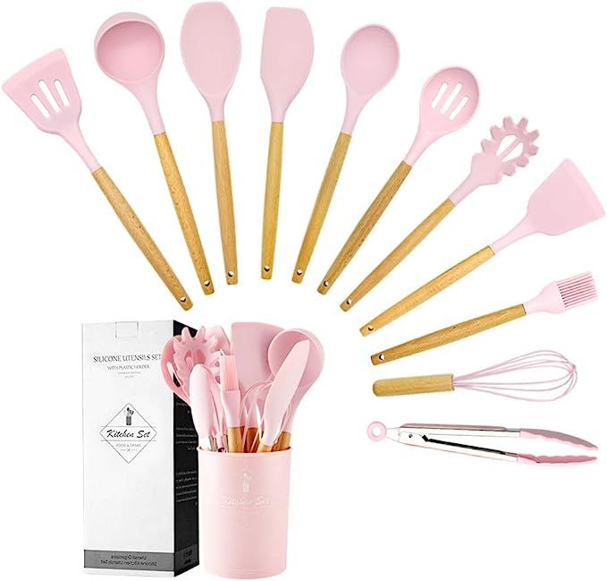 Caliamary Silicone Kitchen Utensil Set, 11 Pieces Cooking Utensil with Wooden Handles, Utensil Ho... | Amazon (US)