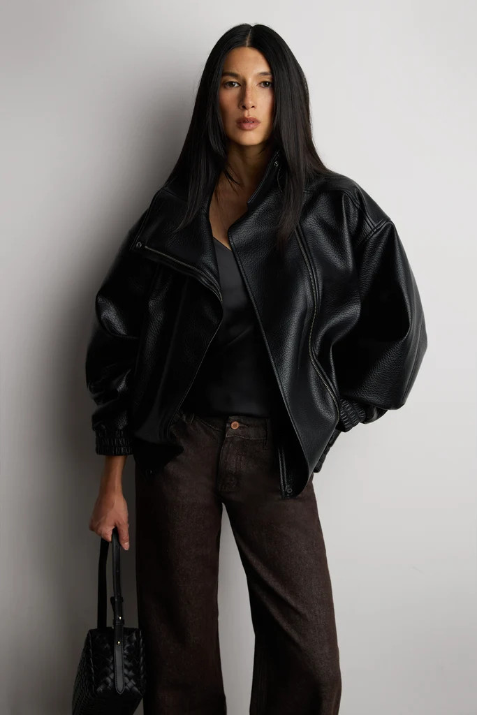 HIGH FUNNEL NECK VEGAN LEATHER JACKET | OAK + FORT