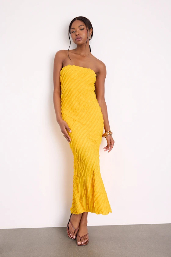 Faelyn Yellow Strapless Ruffled Midi Dress | Lulus