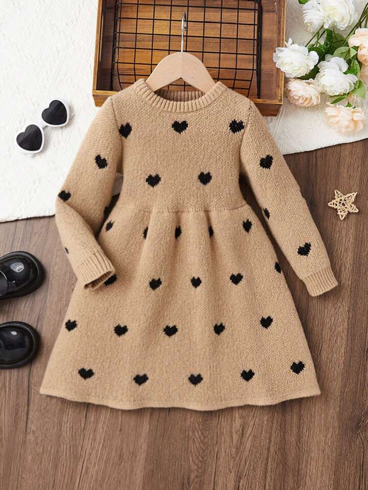 SHEIN Kids Nujoom Young Girl Vintage Style Fitted Long Sleeve Sweater Dress With Round Neck | SHEIN