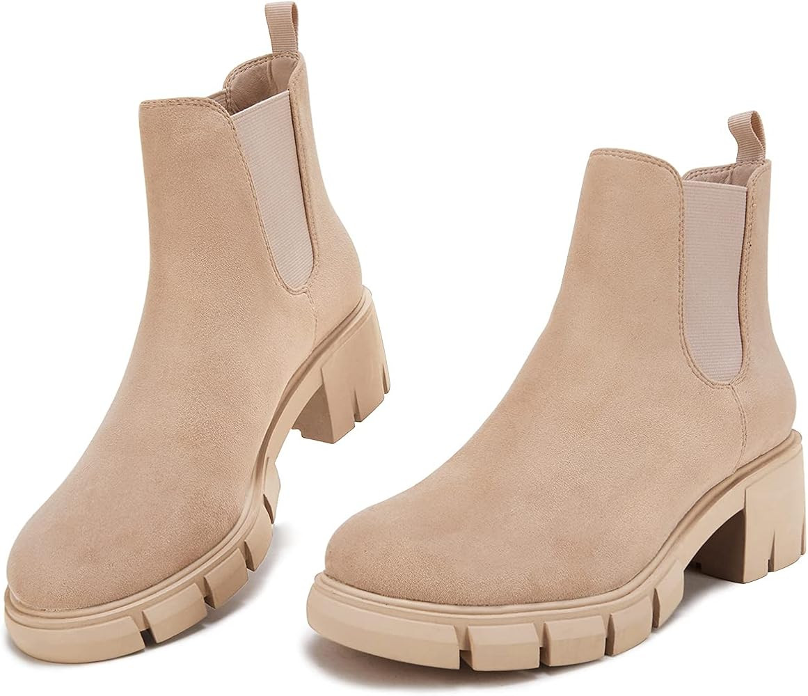 Juliet Holy Womens Lug Sole Platform Ankle Booties Chelsea Slip on Chunky Block Heel Leather Combat  | Amazon (US)