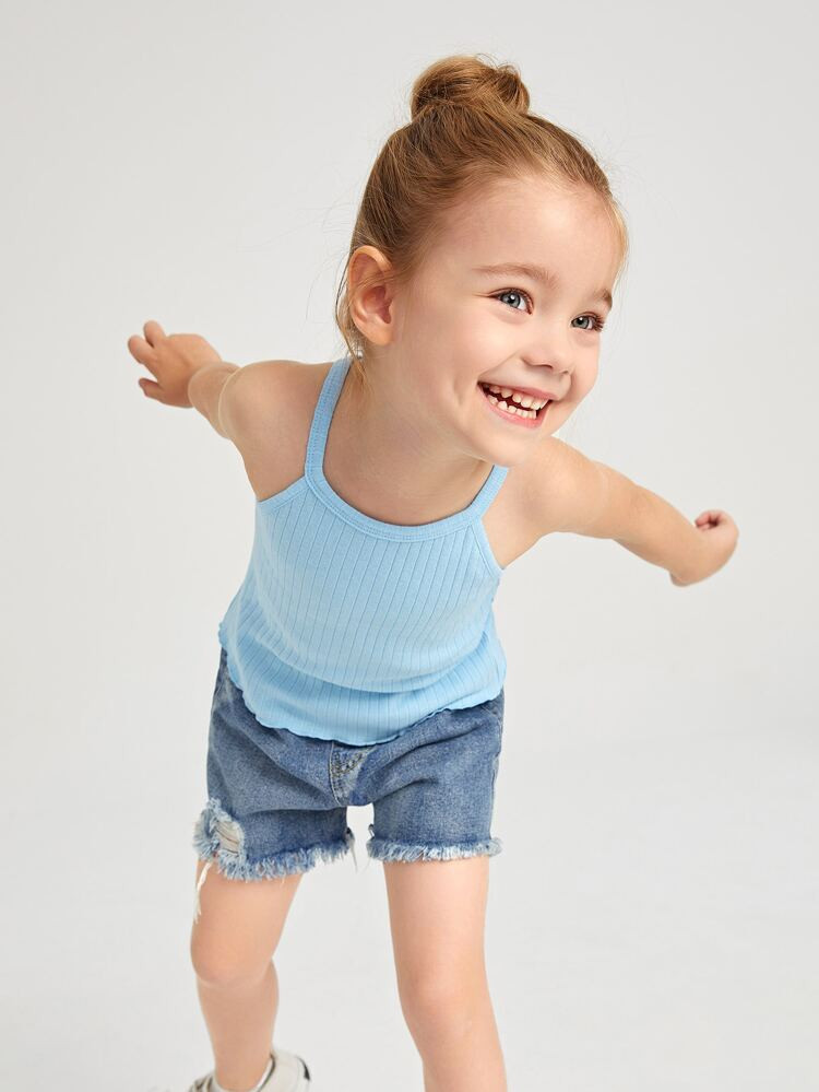 SHEIN BASICS Toddler Girls Lettuce Trim Rib Knit Cami Top | SHEIN