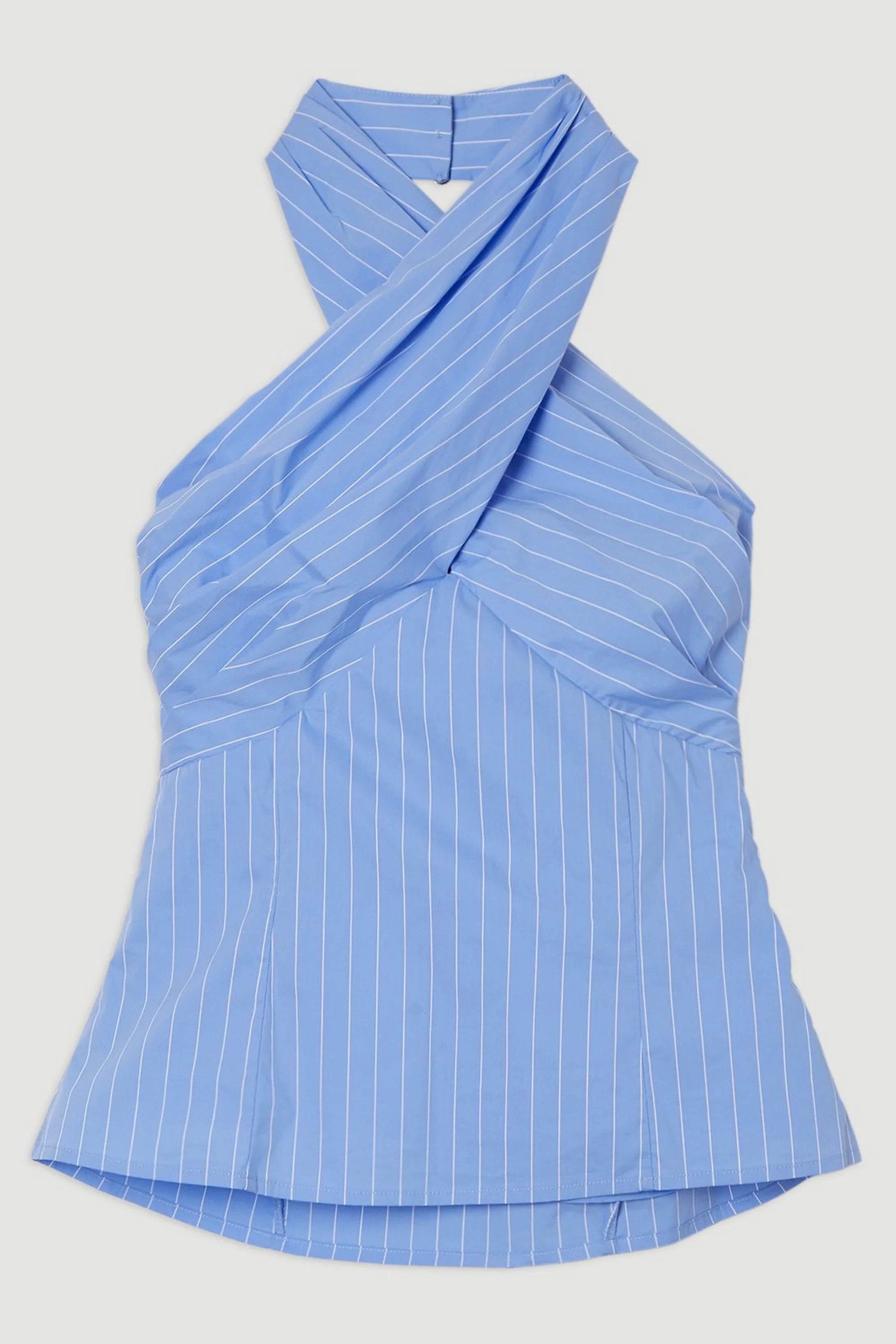 Striped Cotton Poplin Cross Front Halter Neck Blouse With Bow Detail | Karen Millen US