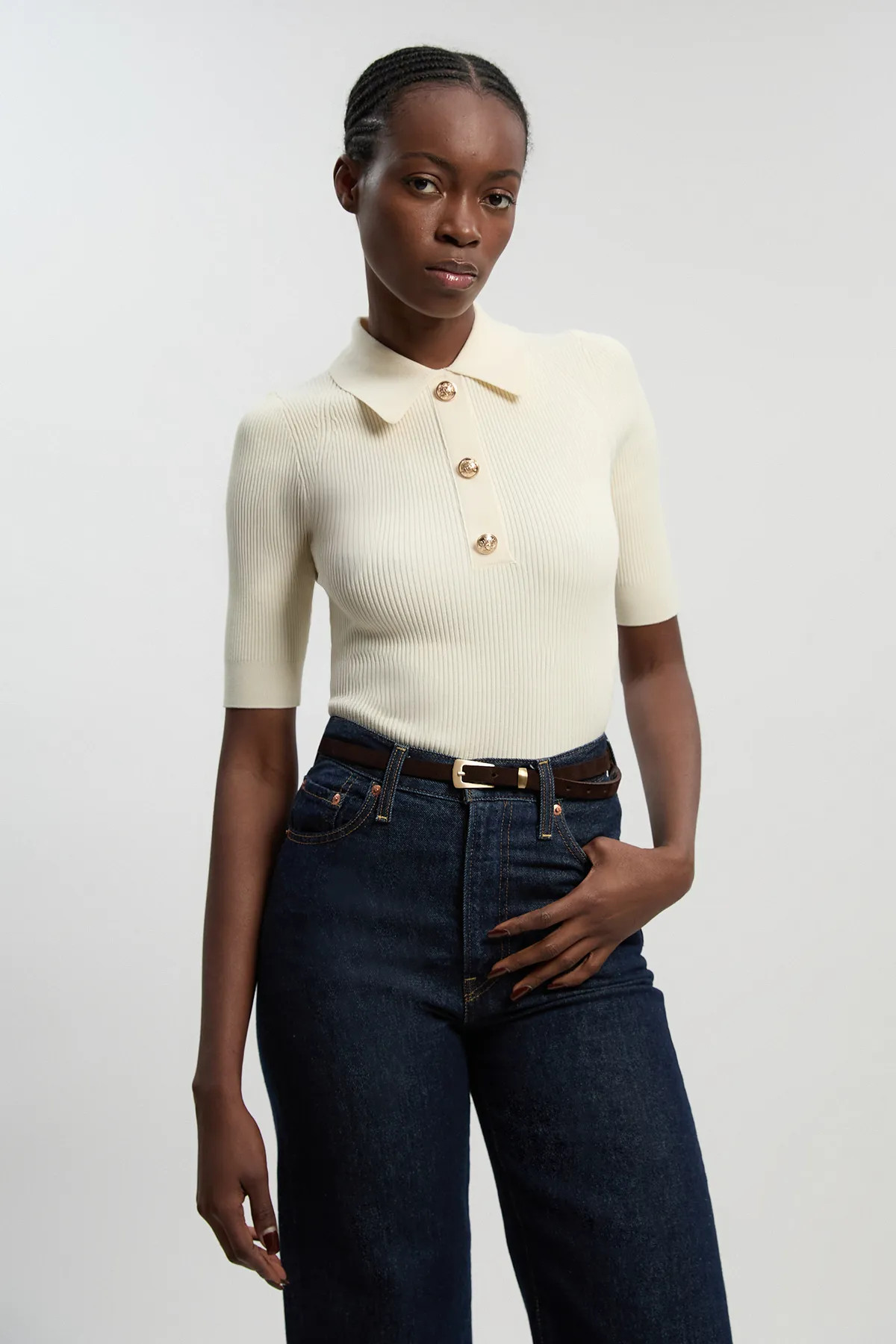 Ivory Rib Knit Military Short Sleeve Top | Karen Millen USA | Karen Millen US