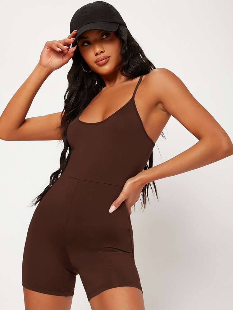 SHEIN BASICS Solid Cami Unitard Romper | SHEIN