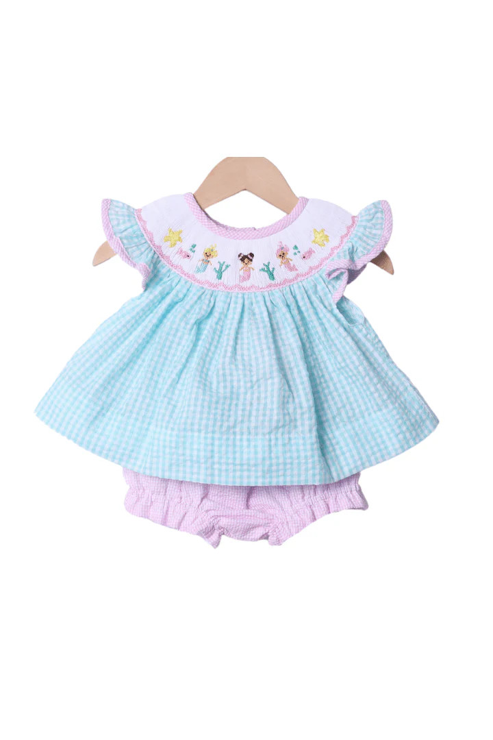Smocked Turquoise Seersucker Mermaid Set | The Smocked Flamingo