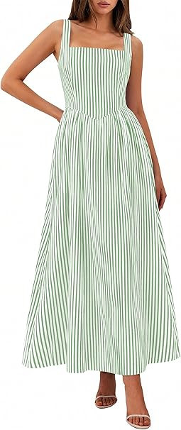 PRETTYGARDEN Women's Maxi Dress Summer Striped Sundress 2026 Spring Smocked A Line Long Flowy Bea... | Amazon (US)