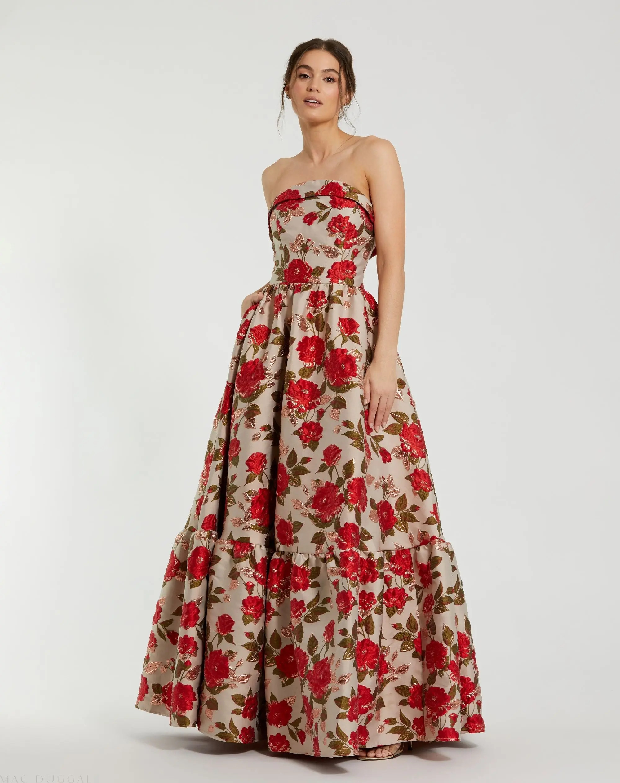 Mac Duggal - Multicolor Brocade Strapless Floral Gown With Ruffle Hem - Antique Multi / US 12 | Mac Duggal