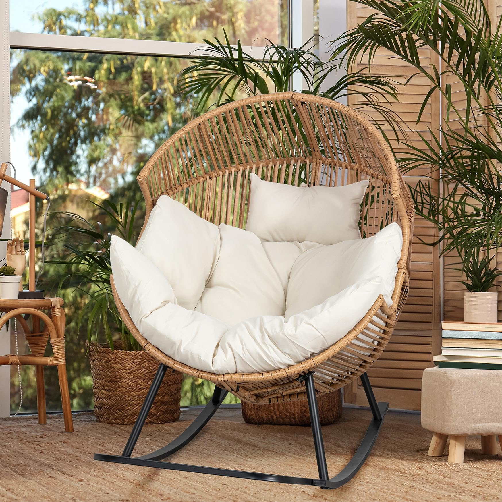 JAMFLY Egg Chair Rocking Chairs, Wicker Patio Chair Oversized Lounger Chair with Cushion for Indo... | Amazon (US)