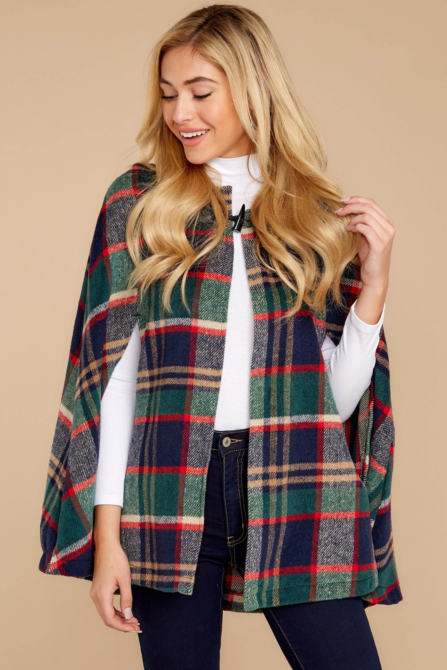 Instant Panache Green Multi Plaid Cape | Red Dress 