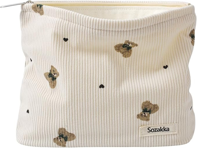 Cute Small Soft Corduroy Zipper Makeup Bag for Purse, Coquette Aesthetic Pouch with Bear Pattern ... | Amazon (US)