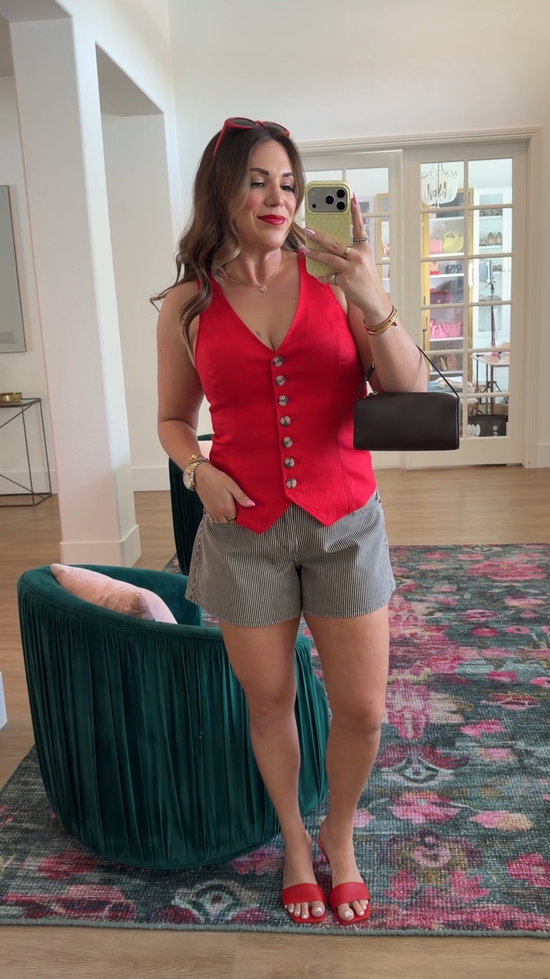 curvy midsize summer outfit! wearing size medium in red linen vest and size 30 in brown striped denim shorts! ❤️

#LTKSeasonal #LTKMidsize