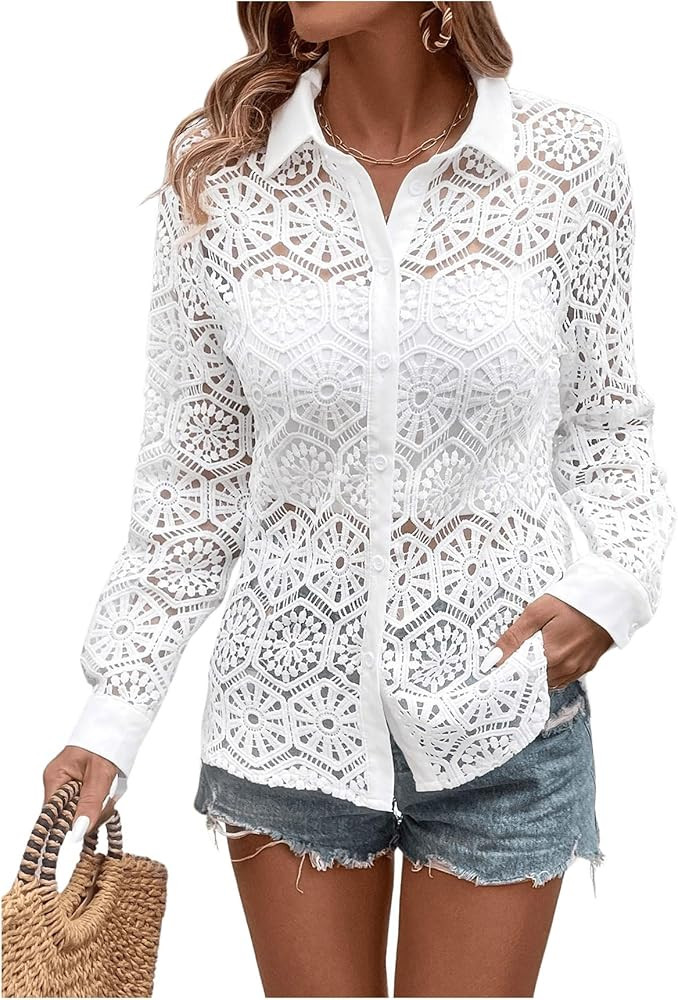 SHENHE Women's Lace Blouse Hollow Out Sheer Button Down Long Sleeve Elegant Shirt Blouse | Amazon (US)