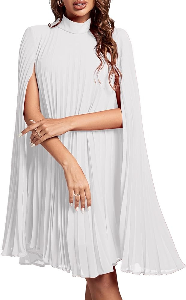 Rooscier Women's Mock Neck Cloak Sleeve Pleated Keyhole Back Flowy Party Midi Dress | Amazon (US)