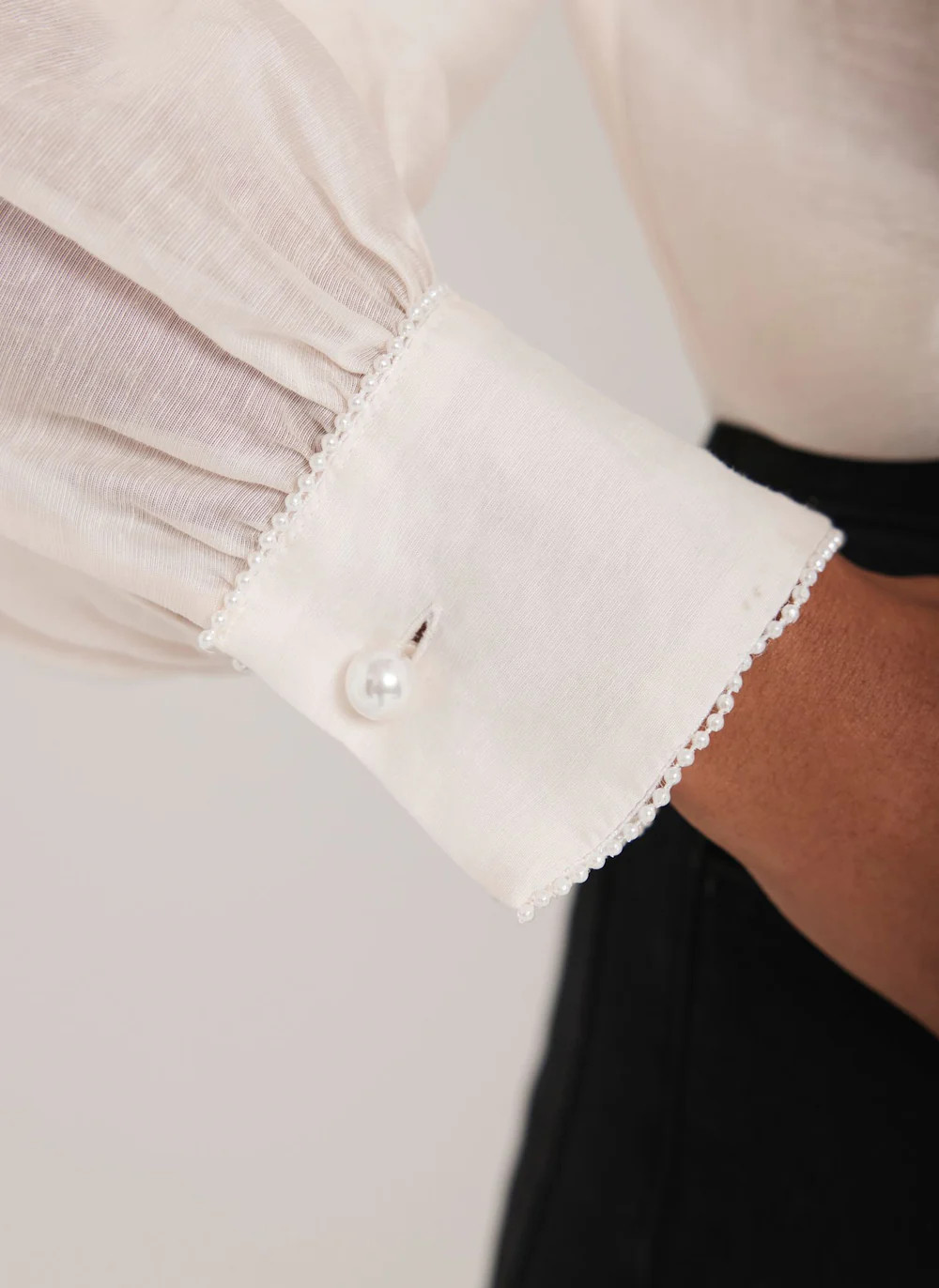 Cream Pearl Trim Tie Neck Blouse | Mint Velvet