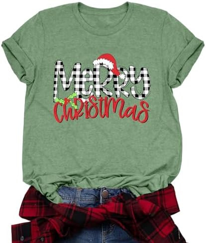 Merry Christmas T-Shirts for Women Buffalo Plaid Print Christmas Shirts Tops Holiday Letter Print... | Amazon (US)