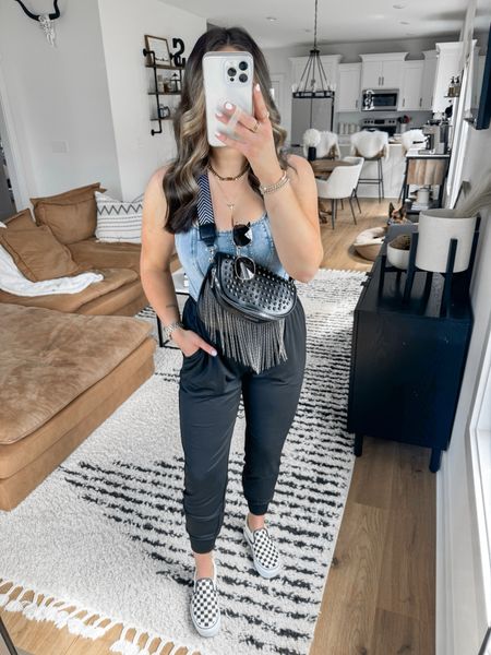 Top — small
Joggers — small

casual joggers outfit | casual spring outfit | casual summer outfit | running errands outfit | platform checkered vans slip on sneakers outfit | black joggers | denim tank top | black fringe belt bag 



#LTKshoecrush #LTKfindsunder50 #LTKfindsunder100