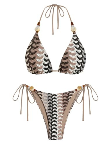 ZAFUL Women's Bikini Sets Beads Triangle Swimsuits 2 Piece String High Cut Cheeky Bathing Suits | Amazon (US)