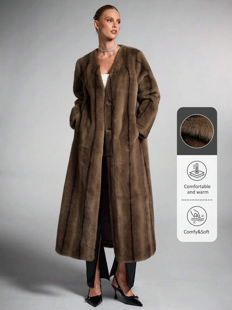 SHEIN BAE Women's Vintage Clothing Solid Color Long Sleeve Pockets Fluffy Casual Coat Fur Coat Fa... | SHEIN