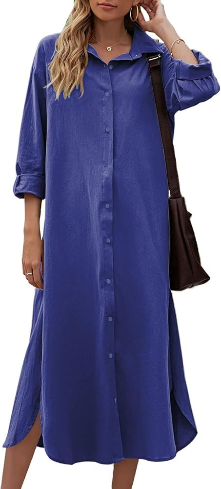 Sopliagon Women Cotton and Linen Shirt Dress Casual Loose Maxi Dresses | Amazon (US)