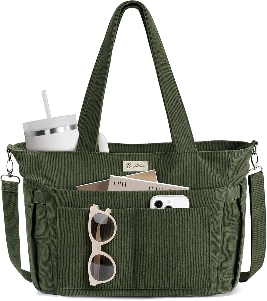 Bagstellar Corduroy Tote Bag for Women, 17 Pockets Laptop Work Tote Purse | Amazon (US)