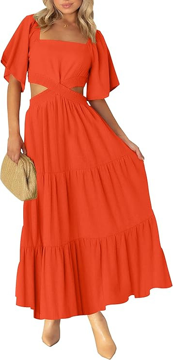 LEANI Women's 2025 Summer Cutout Maxi Dress Square Neck Short Sleeve Crossover Waist Casual Party... | Amazon (US)