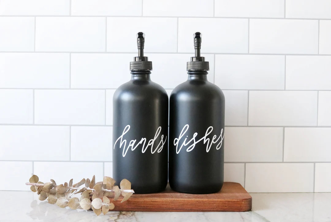 HANDS + DISHES | calligraphy black glass soap dispenser set | farmhouse kitchen | modern kitchen ... | Etsy (US)