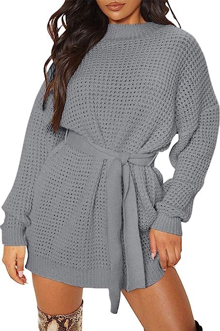 ZESICA Women's Long Sleeve Solid Color Waffle Knitted Tie Wasit Tunic Pullover Sweater Dress | Amazon (US)