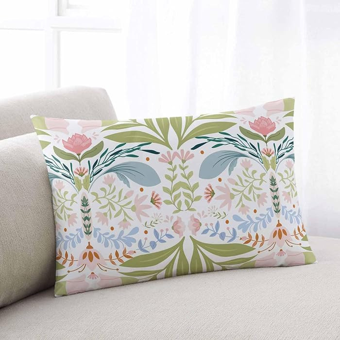 Green Blue Pink Floral Pillow Covers, Linen Long Throw Pillow Case, Rustic Ethnic Boho Flowers Bo... | Amazon (US)