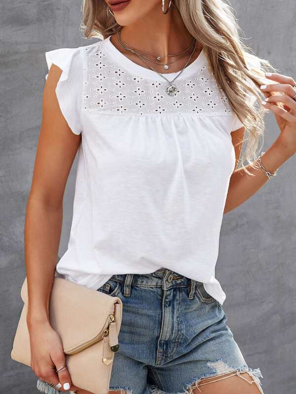 Ruffle Sleeve Eyelet Embroidered Tee | SHEIN