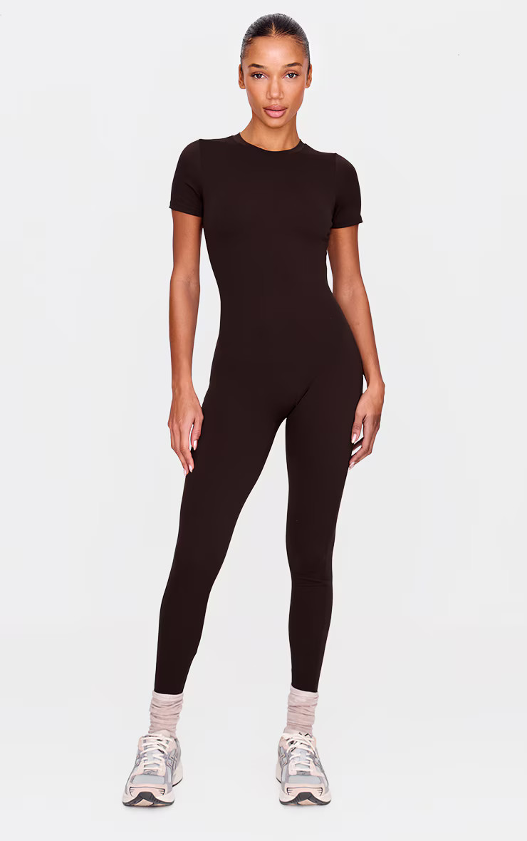 Espresso Ultimate Sculpt Short Sleeved Unitard | PrettyLittleThing US