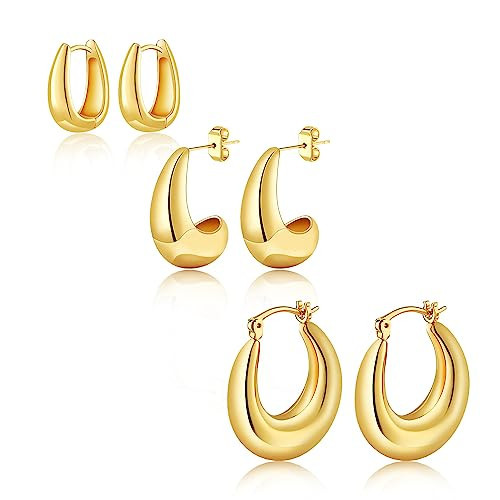 3 Pairs Chunky Gold Hoop Earrings Sets for Women 14k Gold Plated Dainty Hypoallergenic Lightweight Thick Huggie Earrings Trendy Jewelry for Women | Amazon (US)