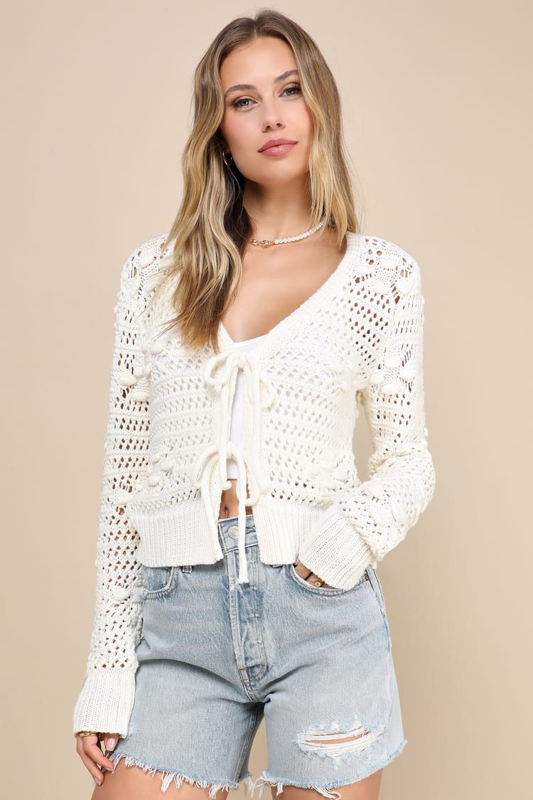 Perfect Direction Ivory Crochet Tie-Front Cardigan Sweater | Lulus