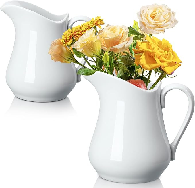 Domensi 2 Pcs 34oz White Ceramic Pitcher Vase Farmhouse Jug Vase Rustic Ceramic Pitchers with Han... | Amazon (US)