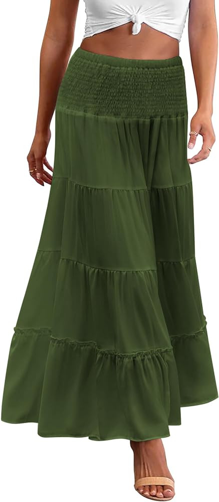 Zeagoo Women's Long Maxi Skirts Tiered Elastic High Waist Boho Double Layered Print A-Line Casual... | Amazon (US)