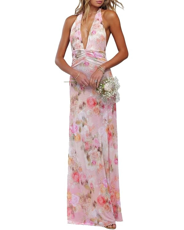 Women Halter Backless Dress Deep V Neck Open Back Mesh Maxi Dress Beach Vacation Wedding Guest | Amazon (US)