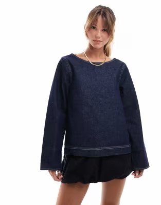 ASOS DESIGN denim turn up cuff top in indigo | ASOS (Global)