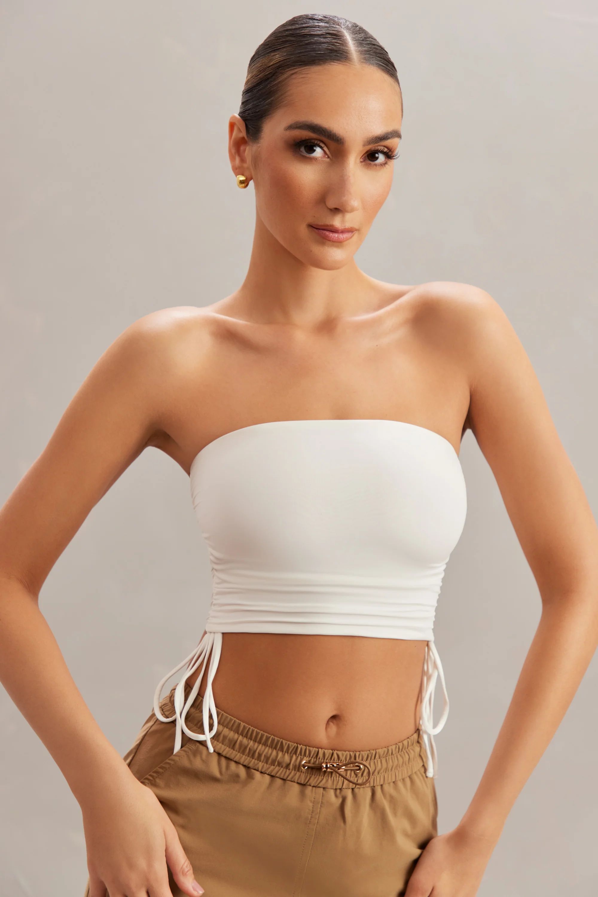 Ruched Bandeau Crop Top in Ivory | Oh Polly