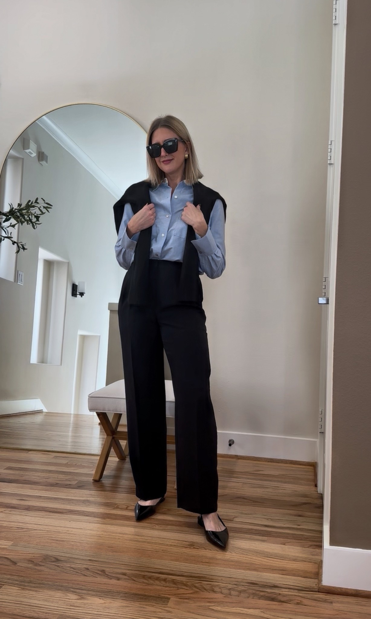 Polished, elevated workwear vibes. Classic blue button-down, tailored black trousers, and sleek flats for a clean, effortless office look. Linking everything for an easy workday wardrobe upgrade. #WorkOutfit #OfficeStyle #LTKWorkwear #MinimalStyle

#LTKStyleTip #LTKWorkwear #LTKFindsUnder100