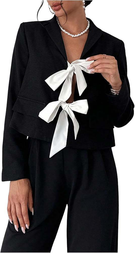 Floerns Women's Long Sleeve Colorblock Bowknot Front Party Blazer Jacket | Amazon (US)