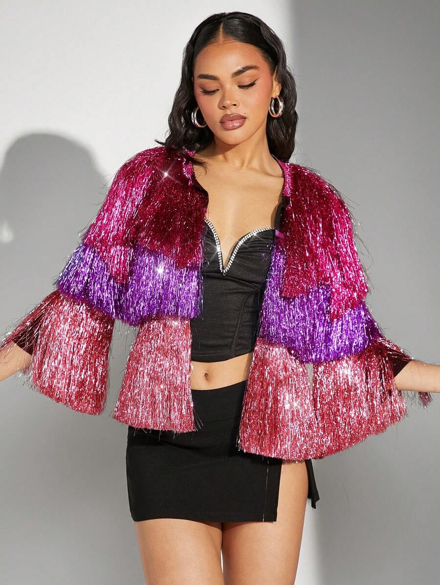 Hauture Colorblock Metallic Fringe Open Coat | SHEIN