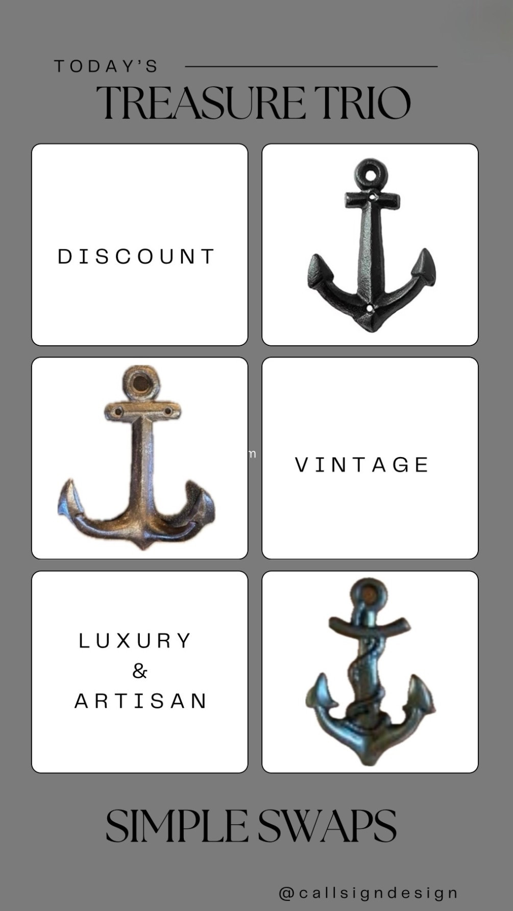 Add a nautical touch to your space with these beautiful anchor hooks. Perfect for adding personality and charm to any space! 🖤⚓️

#CallSignDesign #Vintage #Luxury #InteriorDesign #InteriorDecorating #Elegance #Chandelier #OldWorldCharm #DesignStyle #CastleCore #OldWorldCharm  #SimpleSwaps