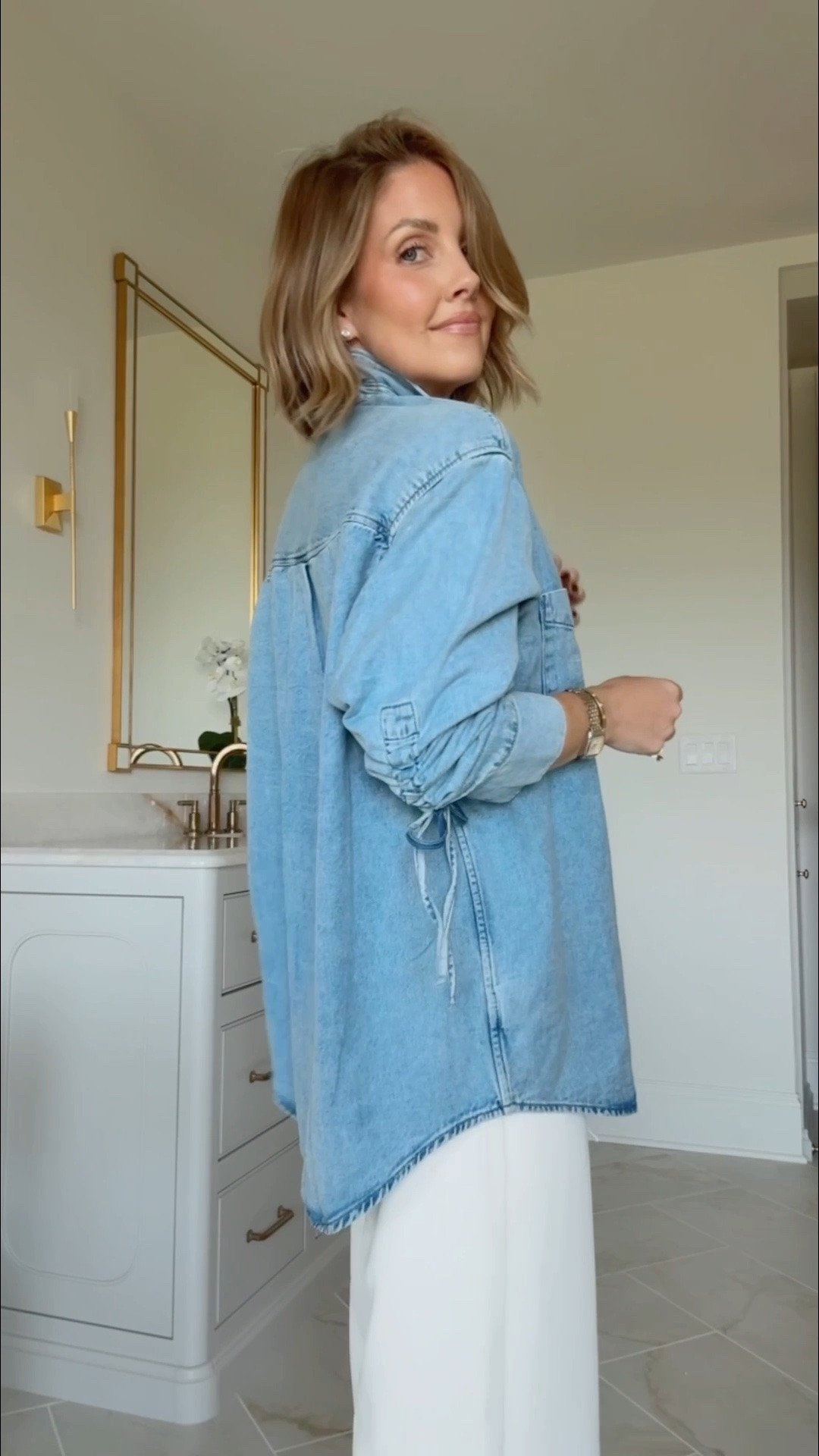 Denim top is 30% off today with code YOURS 🙌🏼 Wearing the XS / XS regular Amazon pants

#LTKootd #LTKPetite #LTKSaleAlert