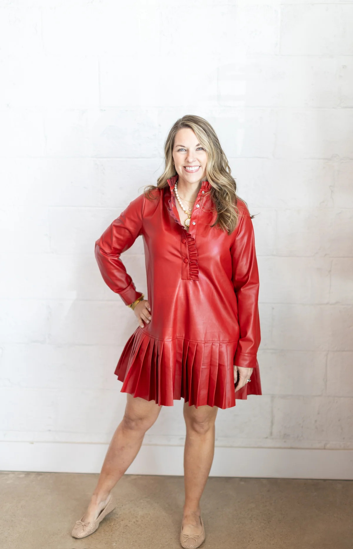 Red Leather Pleated Dress | Emmacate Boutique
