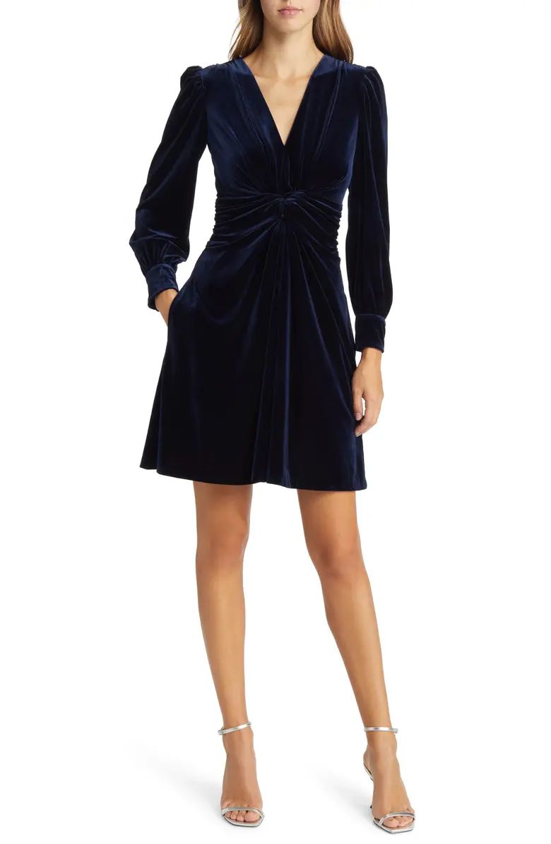 Vince Camuto Twist Front Long Sleeve Velvet Fit & Flare Dress | Nordstrom | Nordstrom