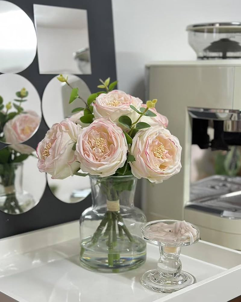 Lifelike Artificial Light Pink Rose Bouquet in Vase - 3D Petals & Stem Design - Table Centerpiece... | Amazon (US)