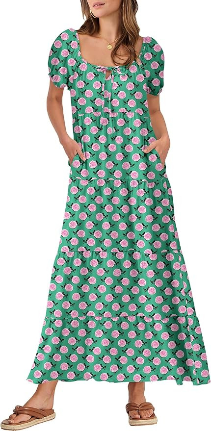 ANRABESS Women's Boho Maxi Dresses 2025 Summer Casual Floral Puff Short Sleeve Tie Front Flowy Sw... | Amazon (US)