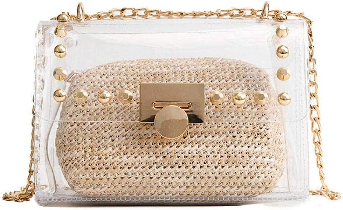 Clear Purse, 2 in 1 Transparent Shoulder Bag Set Fashion Rivet Chain Strap PVC Handbags for Women... | Amazon (US)